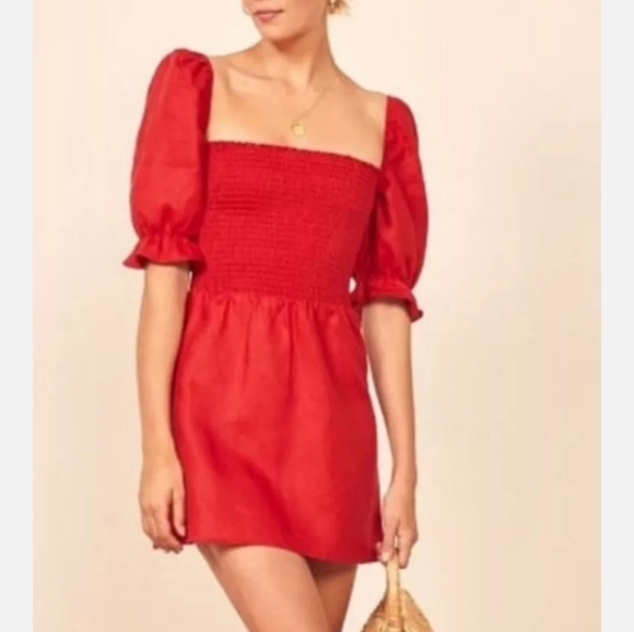 Reformation Cerise Linen Off Shoulder Mini Dress S - Picture 1 of 5